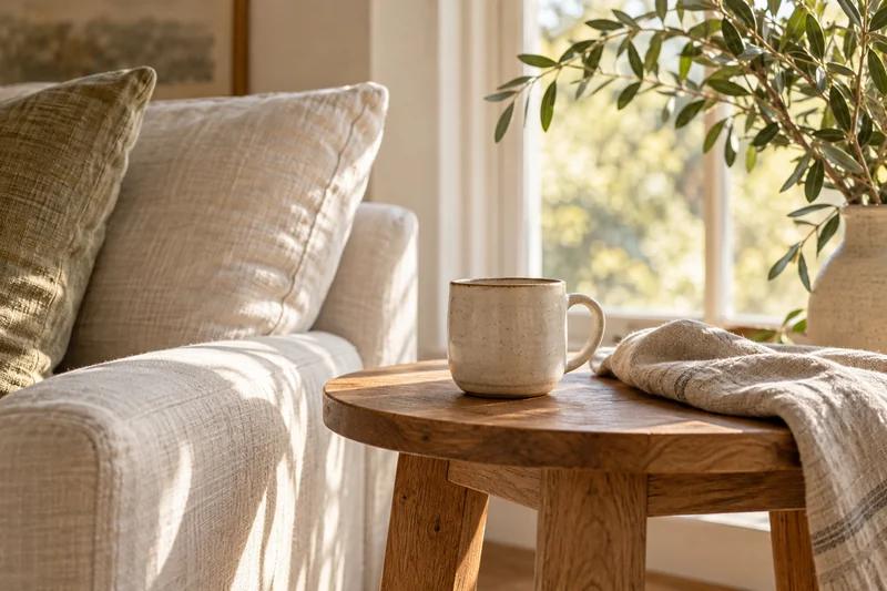 A ceramic mug on an oak table beside soft linen cushions in warm morning sunlight