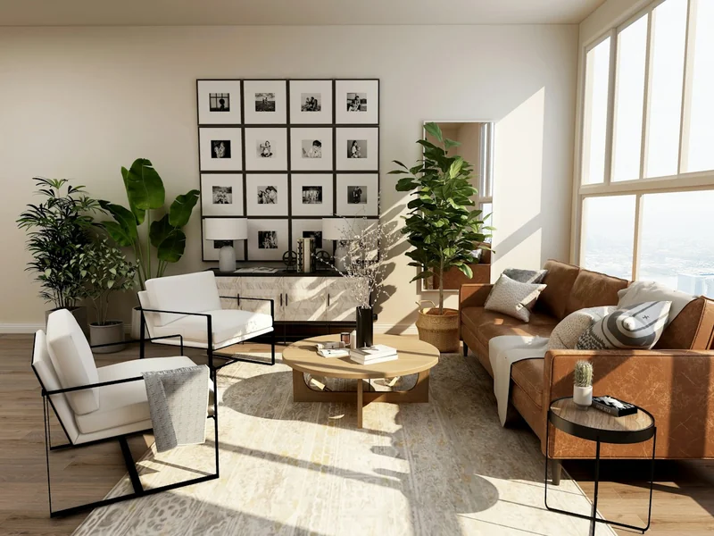 A sunlit living room with warm wood, soft textiles and green plants